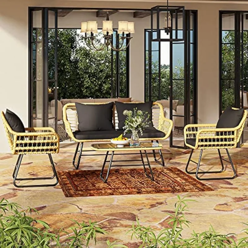 4-Piece Patio Furniture Wicker Outdoor Bistro Set, All-Weather Rattan Conversation Loveseat Chairs for Backyard, Balcon