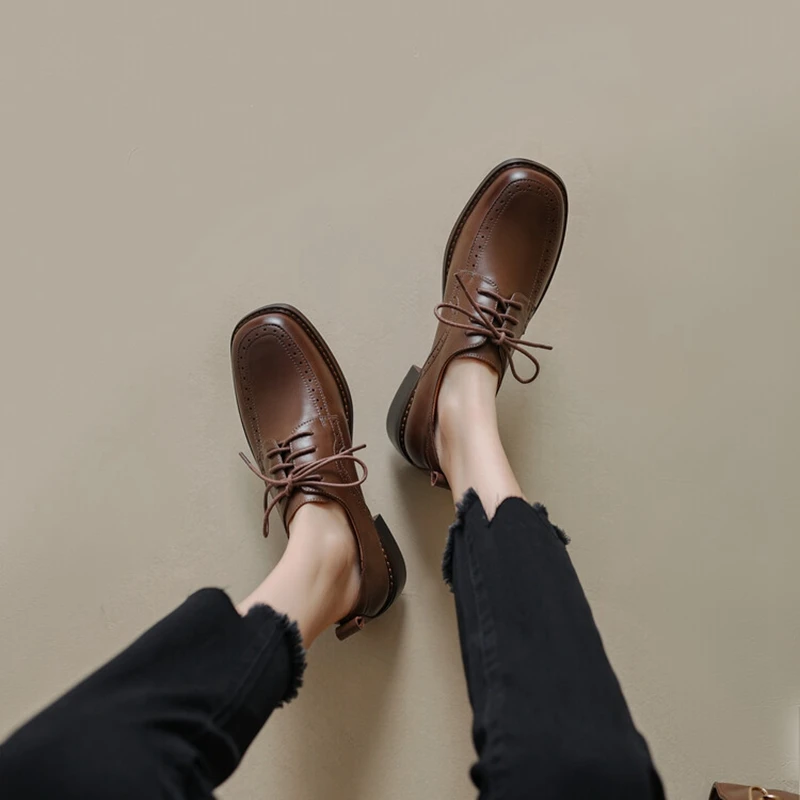 

2023 Spring Women Loafers Split Leather Pumps Women Round Toe Square Heel Women Shoes Casual Low Heel Shoes Women Oxford Shoes