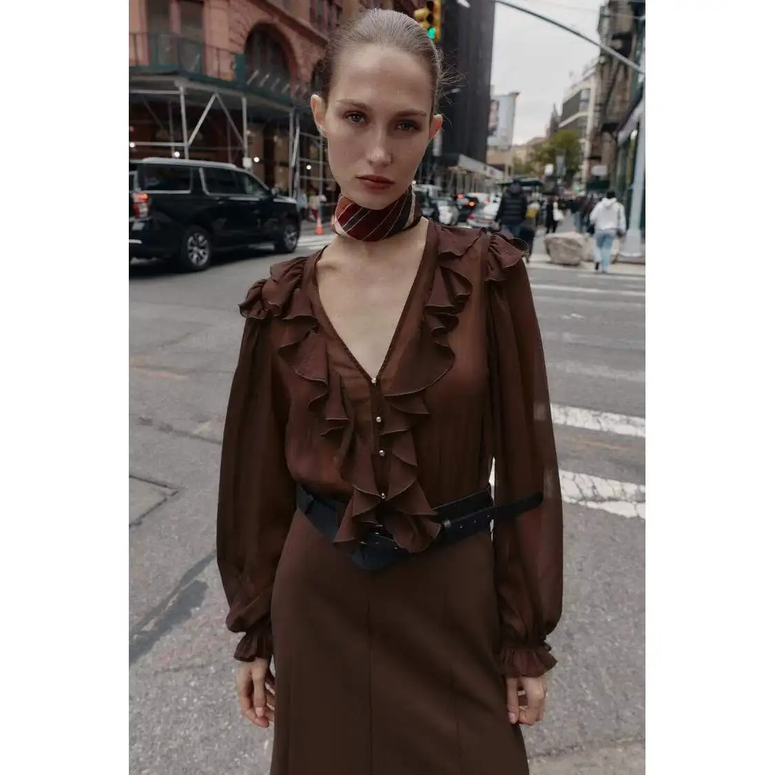 New Autumn Winter Women's Midi Dr with Belt ZR Sle Streetwear Long Sve V-Ne A-Line Skirt Ci Commute Suitable