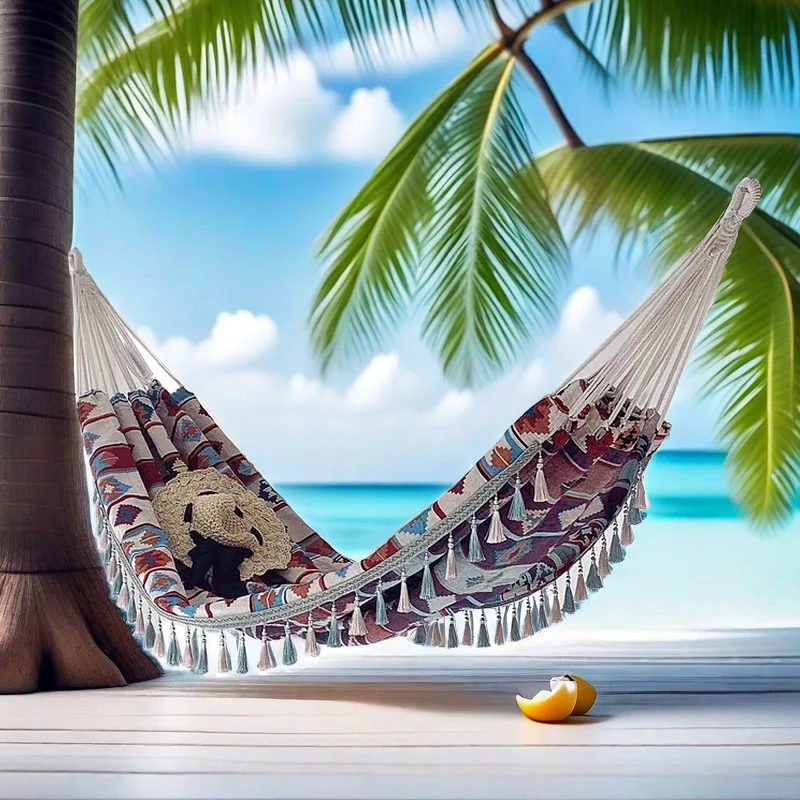 150X200cm Nordic Retro Tassel Jacquard Canvas Hammock Double Anti Rollover Lazy Swing Outdoor Camping Home Courtyard Indoor