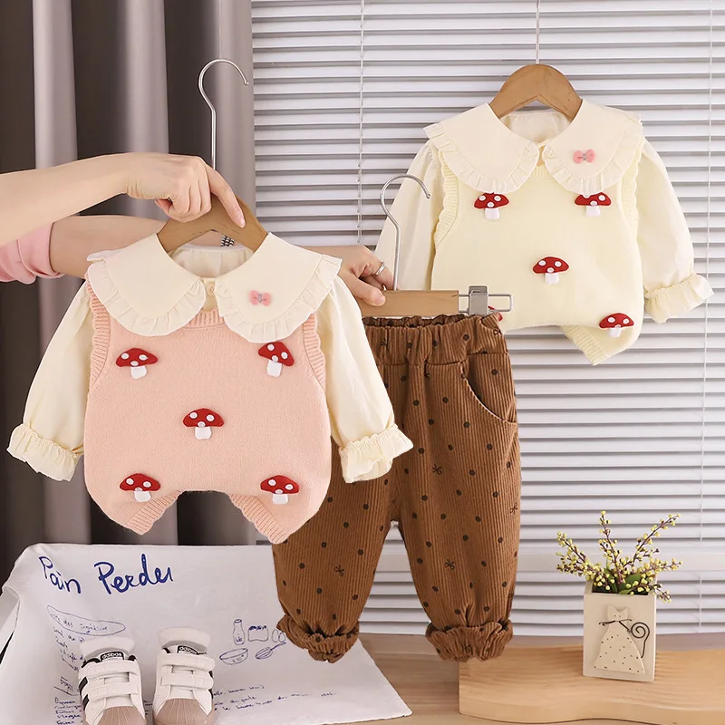 Toddler Kids Clothing Sets Spring New Girls Sweater Vest Shirt Long Sleeve Three-piece Girl Casual Pants Set