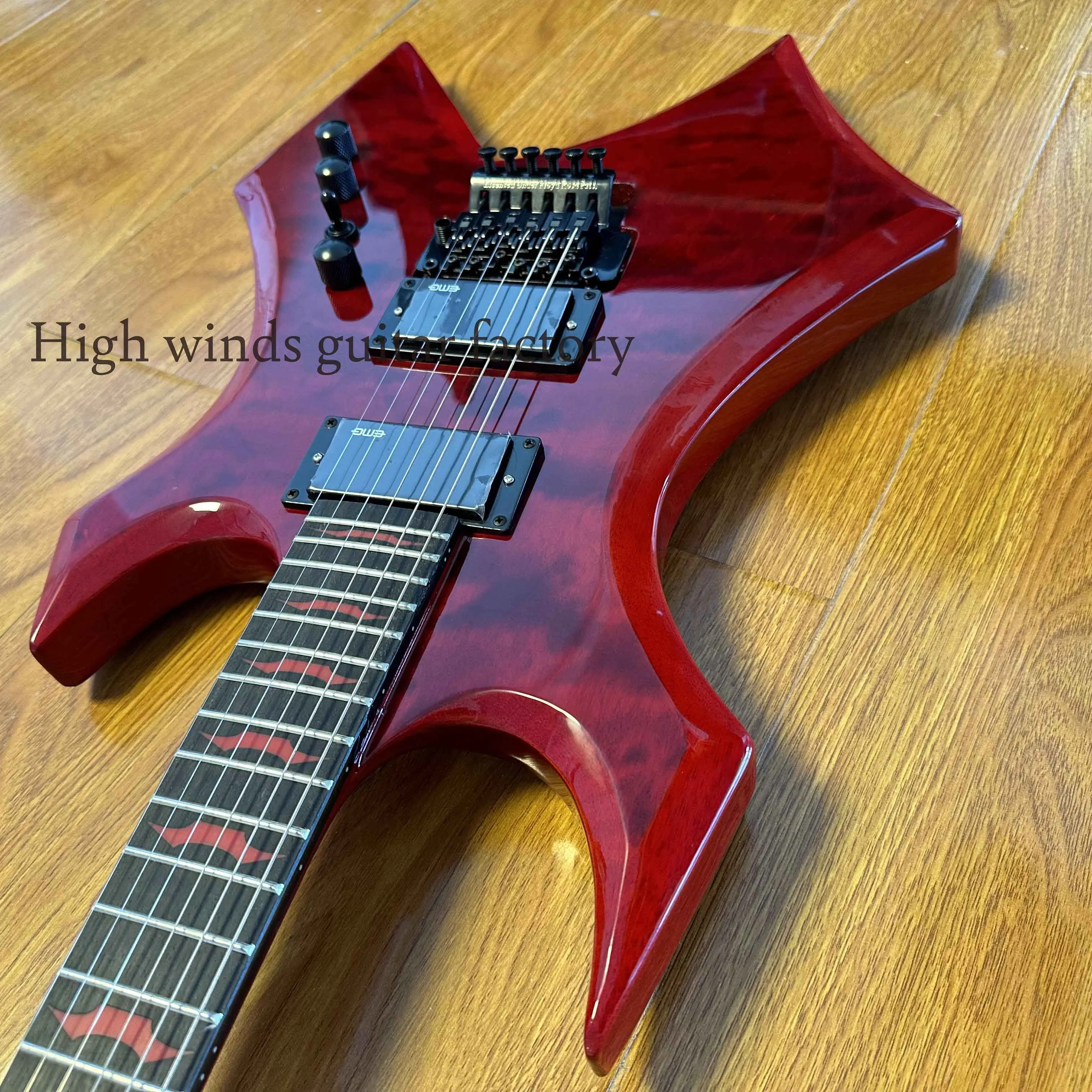 Solid Warlock Extreme red quilted maple top electric guitar Floyd Rose HH pickup -