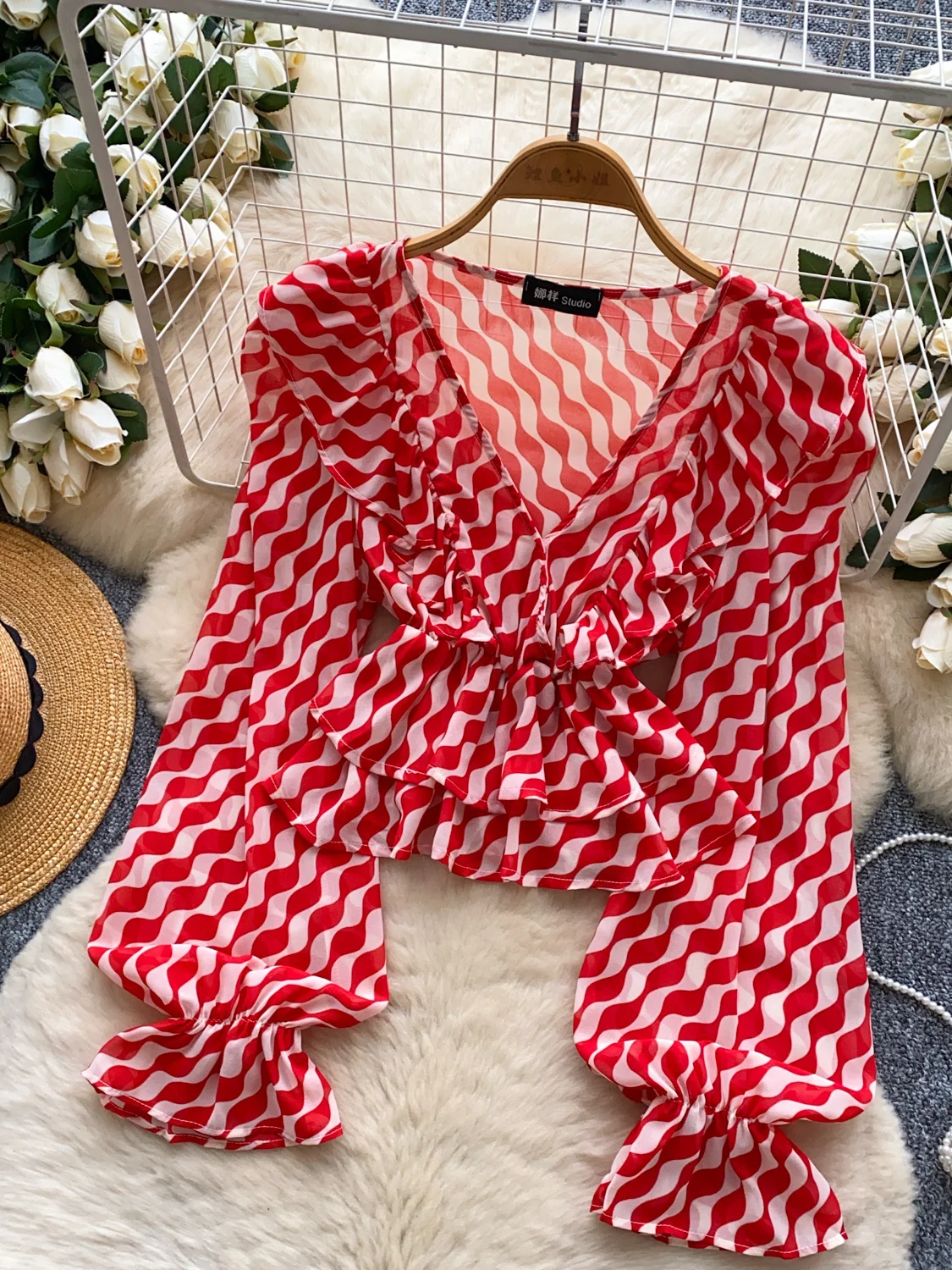 Chic Summer Women's irt Lantern Sve Striped Cross Collar Beautiful Ladylike Korean Sle Loose Fit Long Sve Top