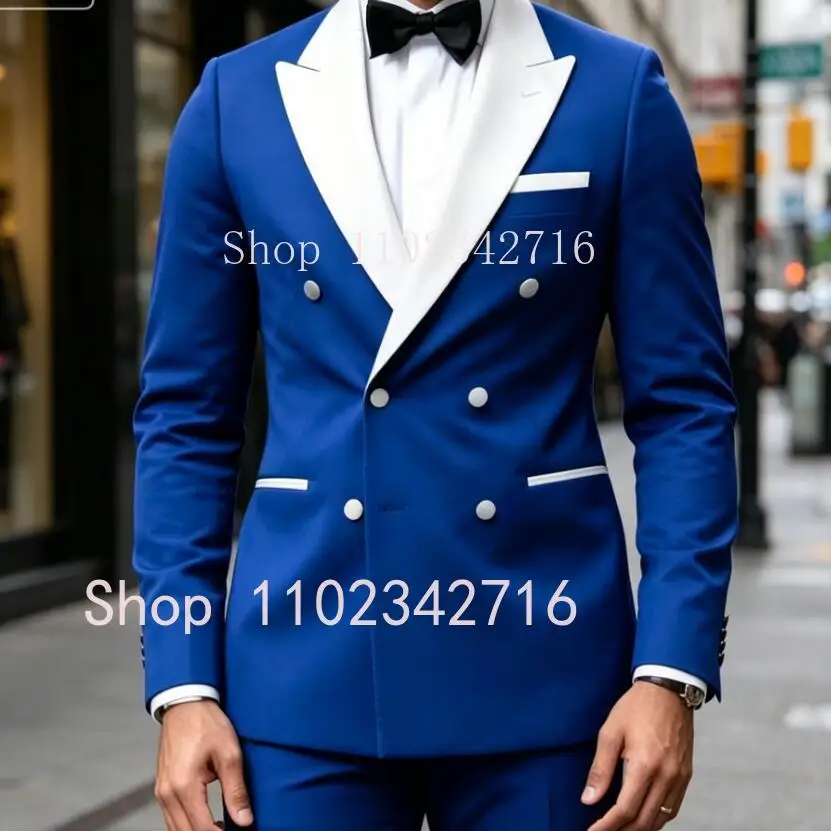 

Classic Royal Blue Suits for Men Slim Blazer with Pants Double Breasted Groom Tuxedo Sets Casual Daily Smoking 2 Piece Male Suit