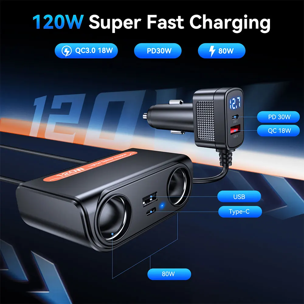 WSDCAM 120W 12V/24V DC USB Socket Outlet Car Cigarette Lighter Splitter LED Display Voltage Car Fast Charging