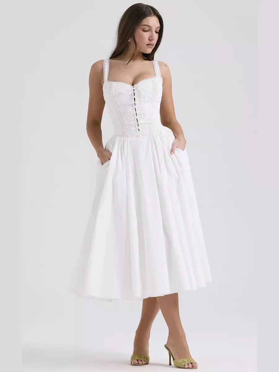 European and American women's summer new white lace camisole splicing slim midi dress French dress