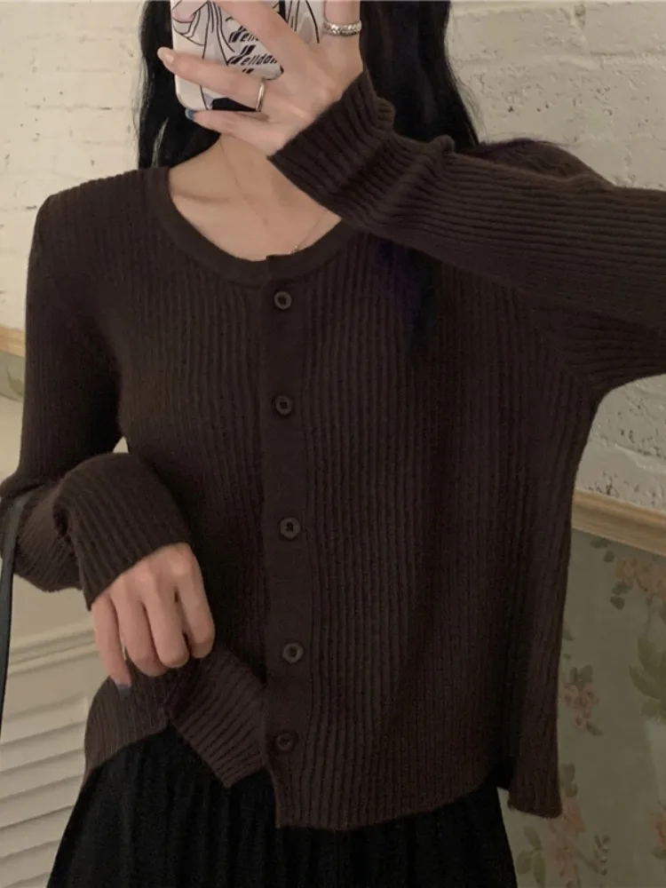 

Шикарный вязаный открытый кардиган ранней осени, тонкий женский черный топ, верхняя одежда, длинный свитер свека, милый японский тренд