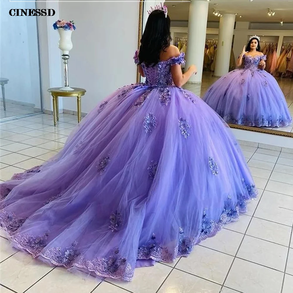 

Purple Quinceanera Dresses Off The Shoulder Ball Gown Dress 3D Floral Sweet 16 Vestidos De Fiesta