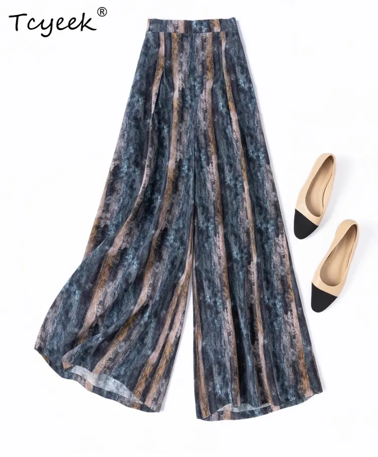 

Tcyeek 100% Mulberry Silk Pants,Women Crepe Wide Leg Casual Trousers,Floral Printed Elastic Waist Cropped Pant 2025 P55603JF