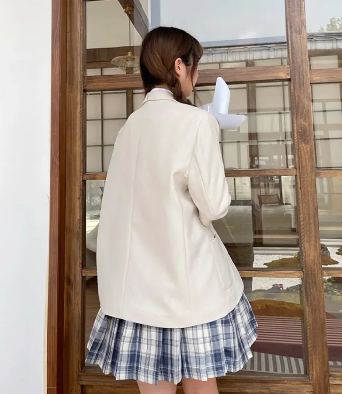 2025, Frühling und Herbst, weißes JK-Uniform-Set, College-Stil, Damen-Blazer, Langarm-Shirt, blau, kurzer karierter Rock