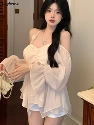 Tender Ruffles Blouses Women Vacation Sun-proof Sweet Chic Summer Pure Temperament Lady Fashion Korean Style Halter Off Shoulder