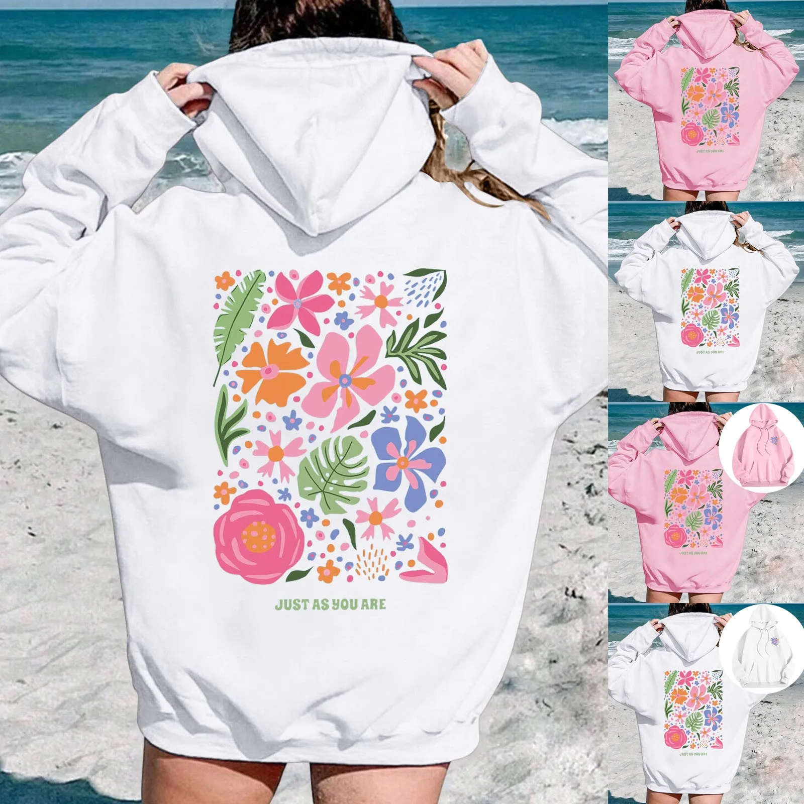 Holiday/Leisure Flower & Slogan Printed Hoodie With Drawstring Tops Senior Women Womens Sweatshirt Puff Shoulder