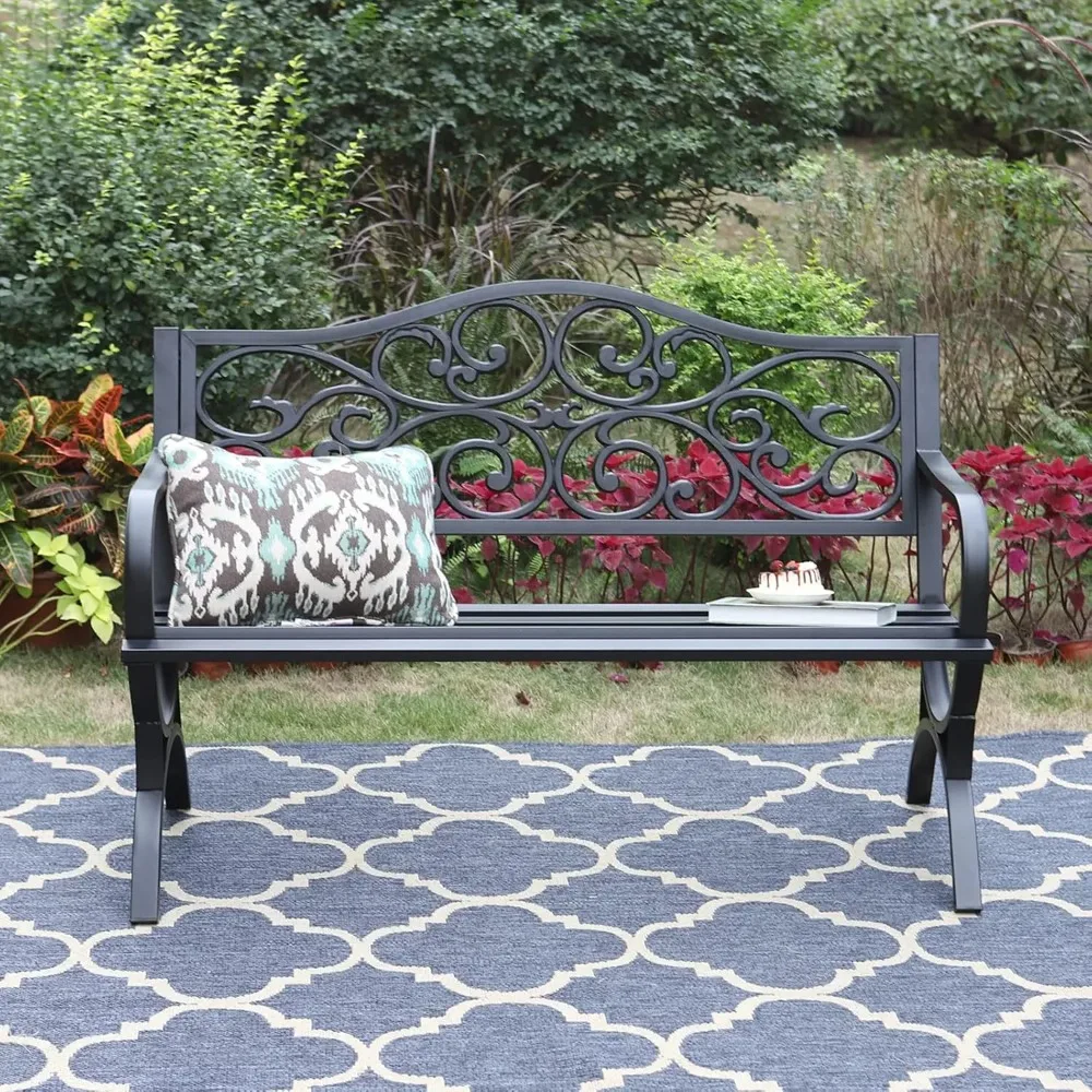 

50" Outdoor Garden Bench Patio Park Bench, Cast Iron Metal Frame Furniture with Floral Design Backrest for Porch Yard Lawn Deck