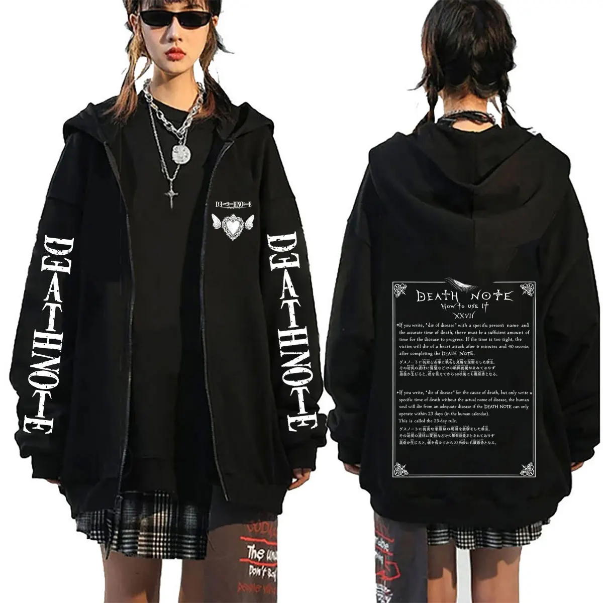 Anime Death Note Zipper Hoodie Y2k Men Women Casual Vintage Oversized Zip Up Jacket Male 90s Manga Gothic Rock Zip Up Sweatshirt