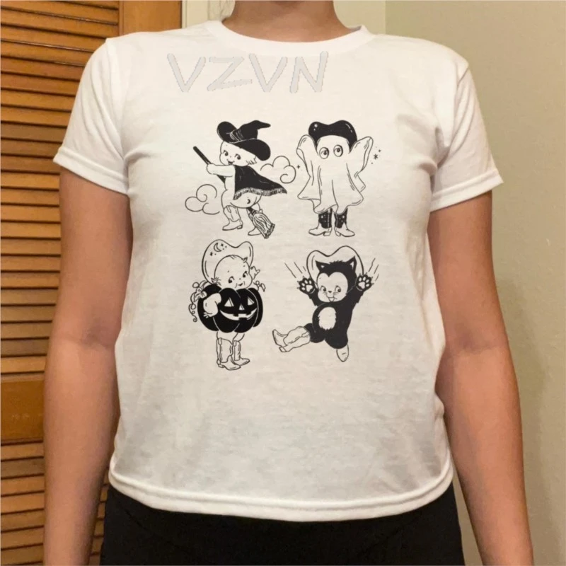 

Vintage Kawaii Skeleton Graphic baby tee Halloween Style Crew Neck T Shirts Short Sleeve Emo girls Clothing cute streetwear