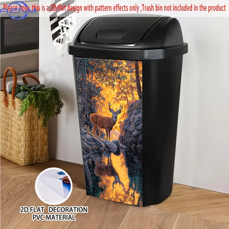 Extra Large Deer by Stream Sunset Self-Adhesive PVC Bin Stickers - Glossy Trash Can Decorations, Peel-and-Stick Dustbin Wrappe