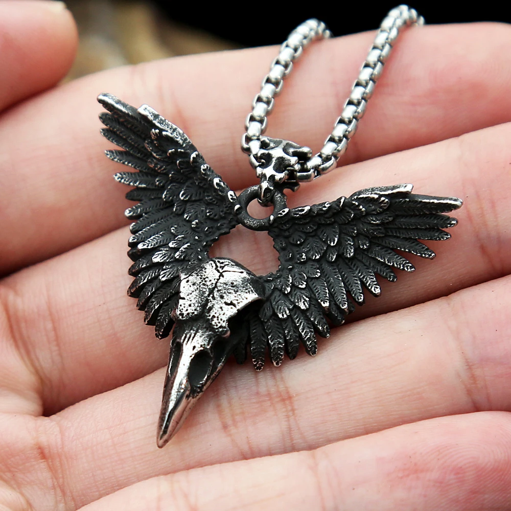 Punk Vintage Raven Skull Pendant Black Stainless Steel Wing Necklace Men Biker Unique Animal Amulet Jewelry Gifts Dropshipping