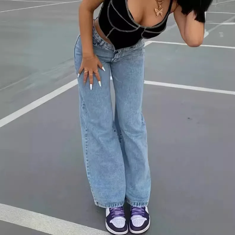 

Женские джинсовые брюки длиной до щиколотки, широкие джинсы, потертые джинсы с высокой талией, однотонные карманы, свободная посадка на молнии, потертые повседневные