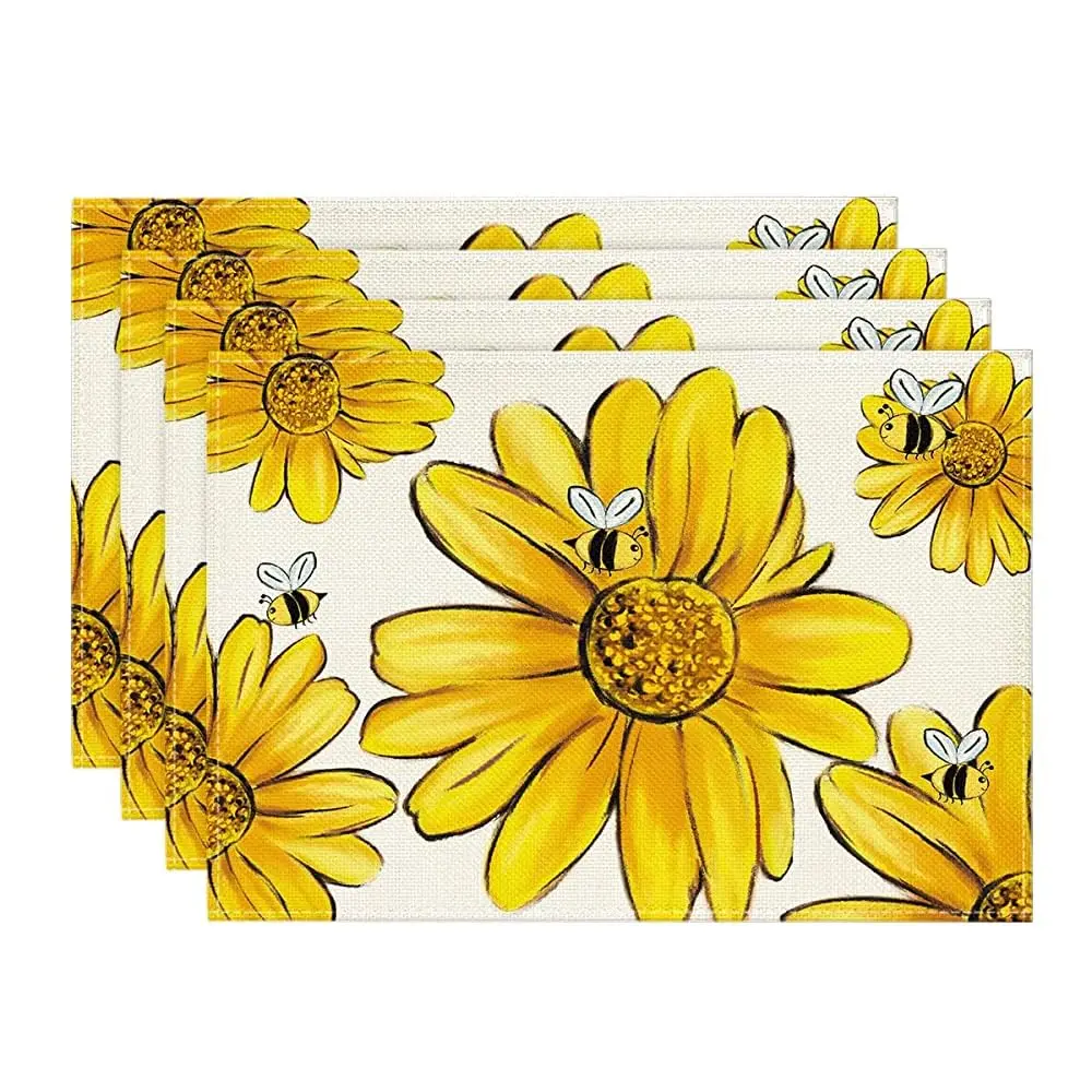 

Bee Sunflower Placemats Set of 4, 12x18 Inch, Spring Flowers, Table Mats for Party, Kitchen, Dining Decoration, Summer