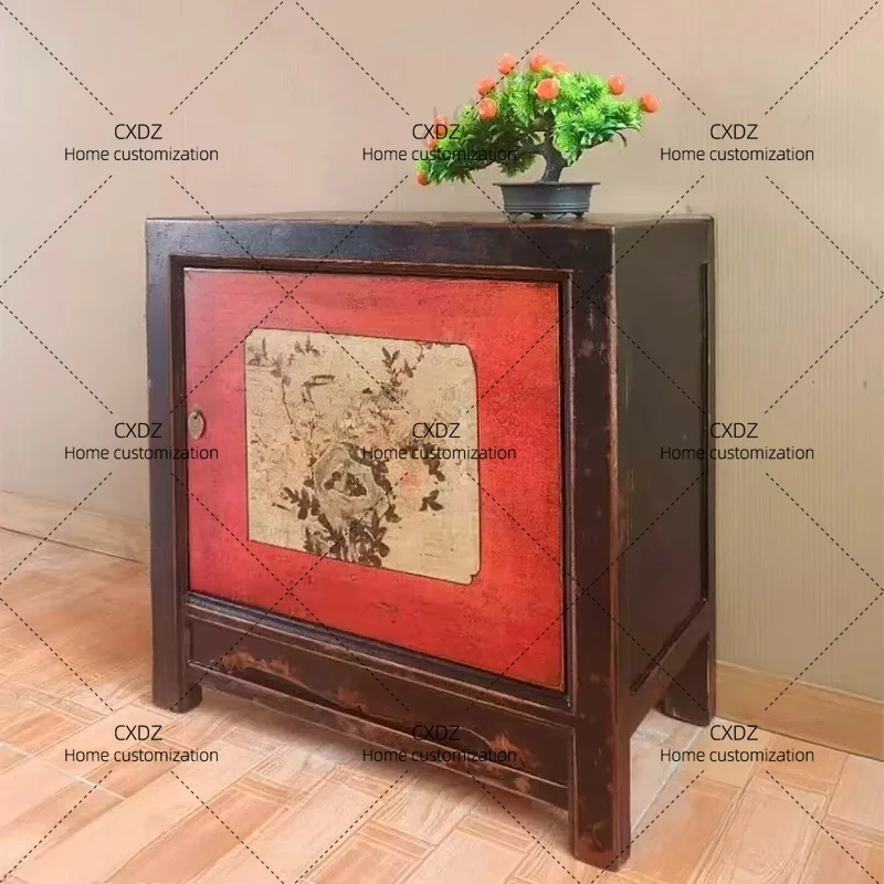 XX Retro Chinese solid wood dining side cabinet, flower painted locker, living room decorative storage cabinet