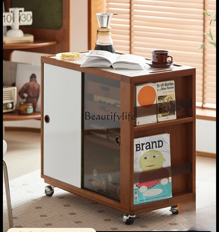 

Solid Wood Small Cart Rock Board Side Cabinet Household Mobile Sofa Storage Cabinet