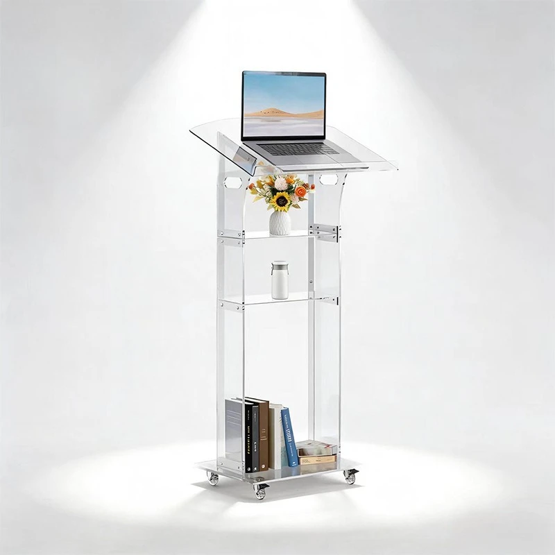Cross-border transparent acrylic podium Modern minimalist portable conference speech table Movable podium with wheels