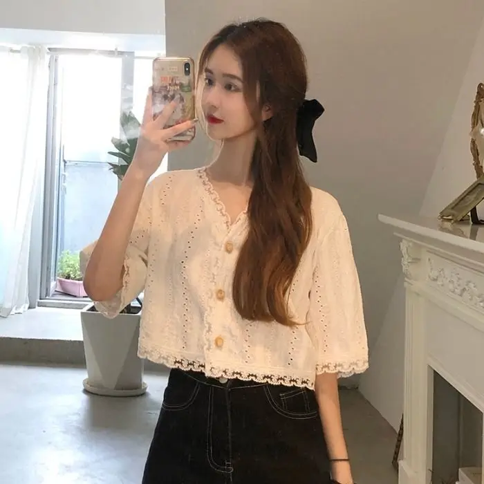 Women Summer Simplicity Hollow Out Sweet Fashion Solid Color V-neck Short Sleeve Shirts Women Clothes Casual All-match Top Tee