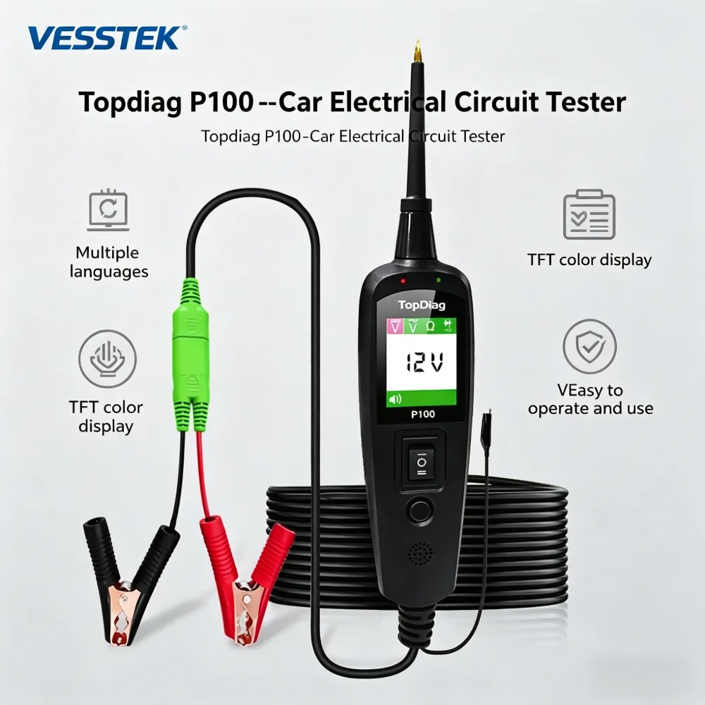 VESSTEK- Topdiag P100 2M/10M Car Electrical Circuit Tester Automotive Power Scan 12V 24V Battery Tester Diagnostic Tool