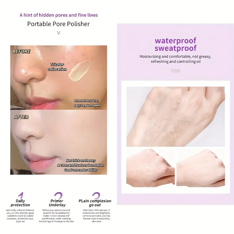 Krem do makijażu podkreślający kontury, izolujący kolory, wodoodporny, naturalny podkład, baza pod makijaż, krem 40g, primer do makijażu twarzy, krem trójkolorowy.