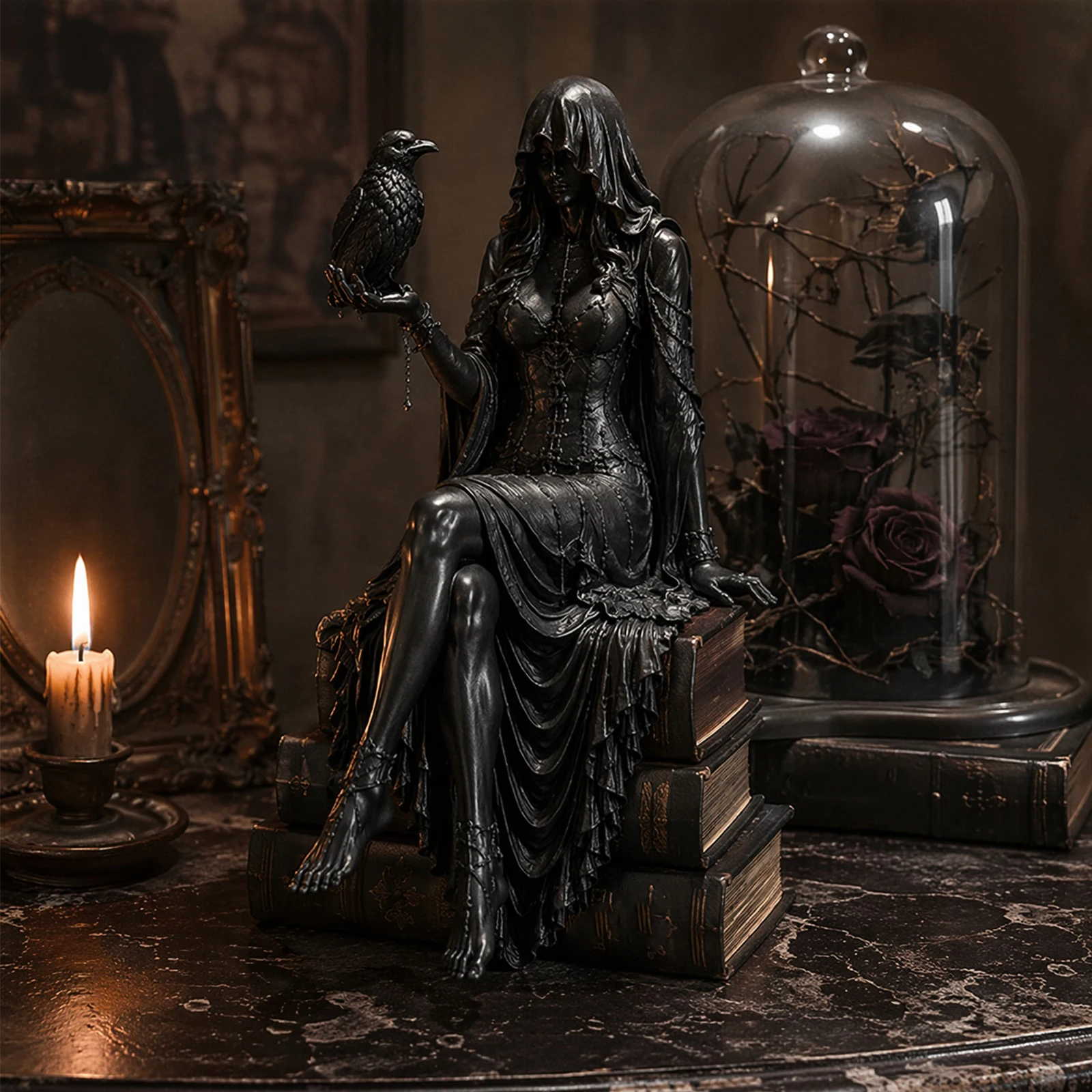 Hooded Lady Reaper Figurine Gift for Bookworms & Literature Fans Gothic Decor Sitting Statue for Table Desk Or Mantel Decoration