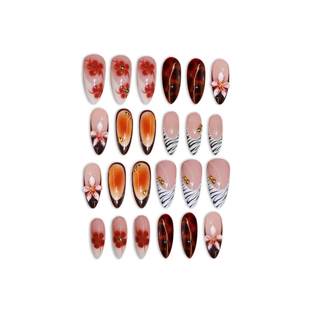 24pcs Brown Leopard Print Press On Nails Cute Stereo Flower Gold Ball Designs False Nail Sweet Cool European Wearable Fake Nail