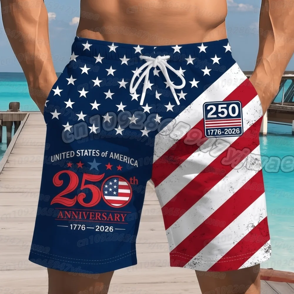 26 250th Anniversary American Flag Print Herren-Shorts, Sommer-Strandshorts, atmungsaktiv, schnell trocknend, Sportbekleidung, lockere Shorts, Herren-Shorts – Detail 4