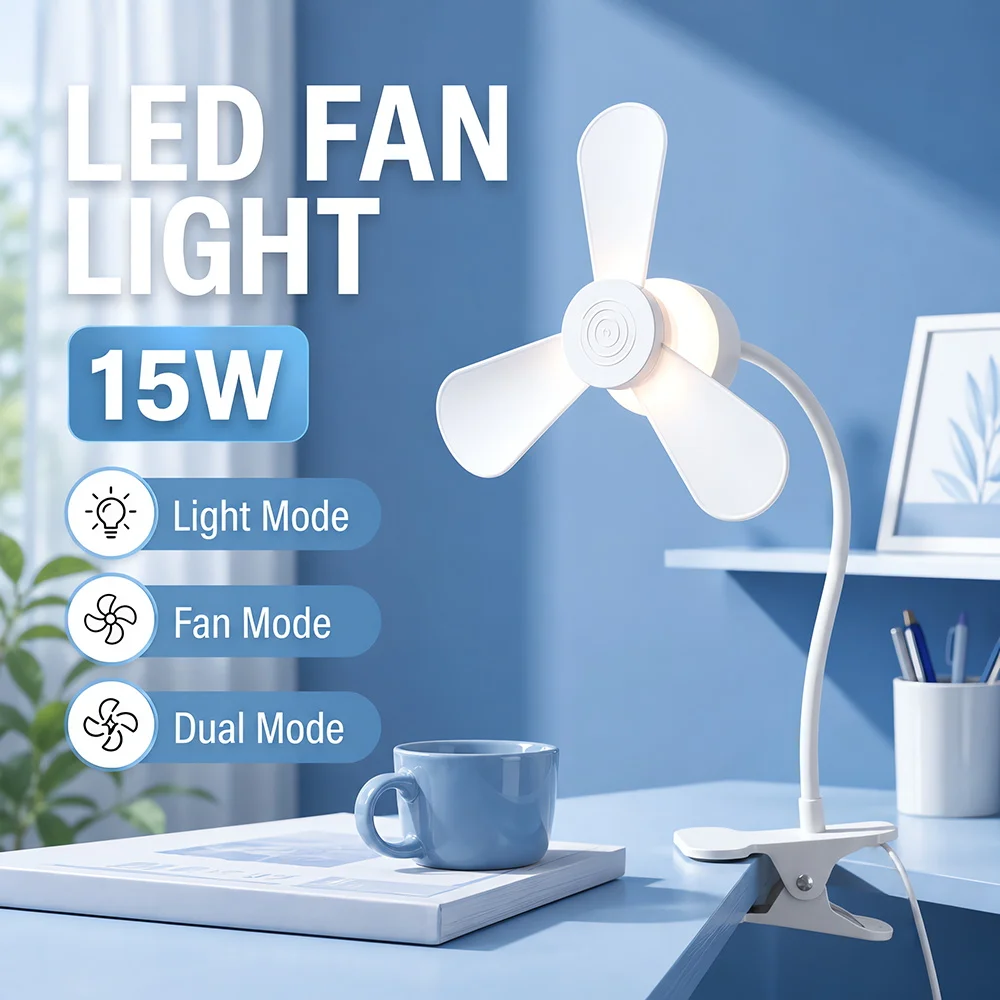 15W LED Fan Lamp Portable Clip on Night Light Rotation Mini Clip-on Fan 3 Speeds Quiet Cooling Dorm Bed Desktop Lamp