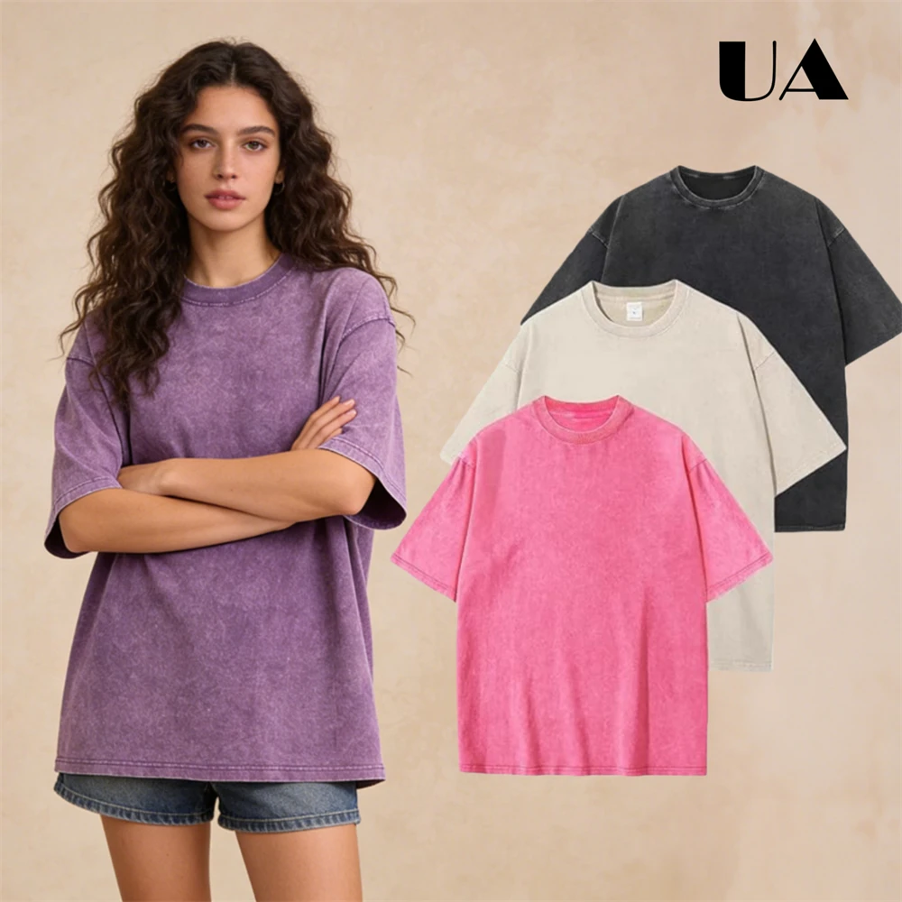 

Комплект из трех женских футболок оверсайз: винтажные хлопковые топы свободного кроя с эффектом кислотной стирки для уличной моды, тренировок и повседневной носки летом