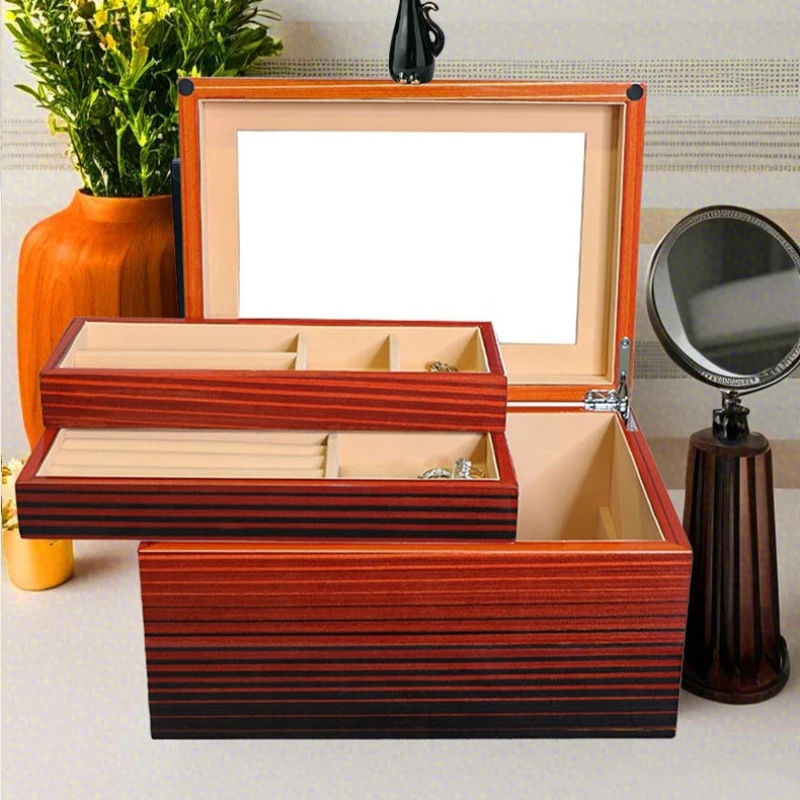 Wood Jewelry Box with Mirror Large Capacity Divided Compartment Jewellry Box Watch Ring Bracelet Storage Case Jewelry Organizer