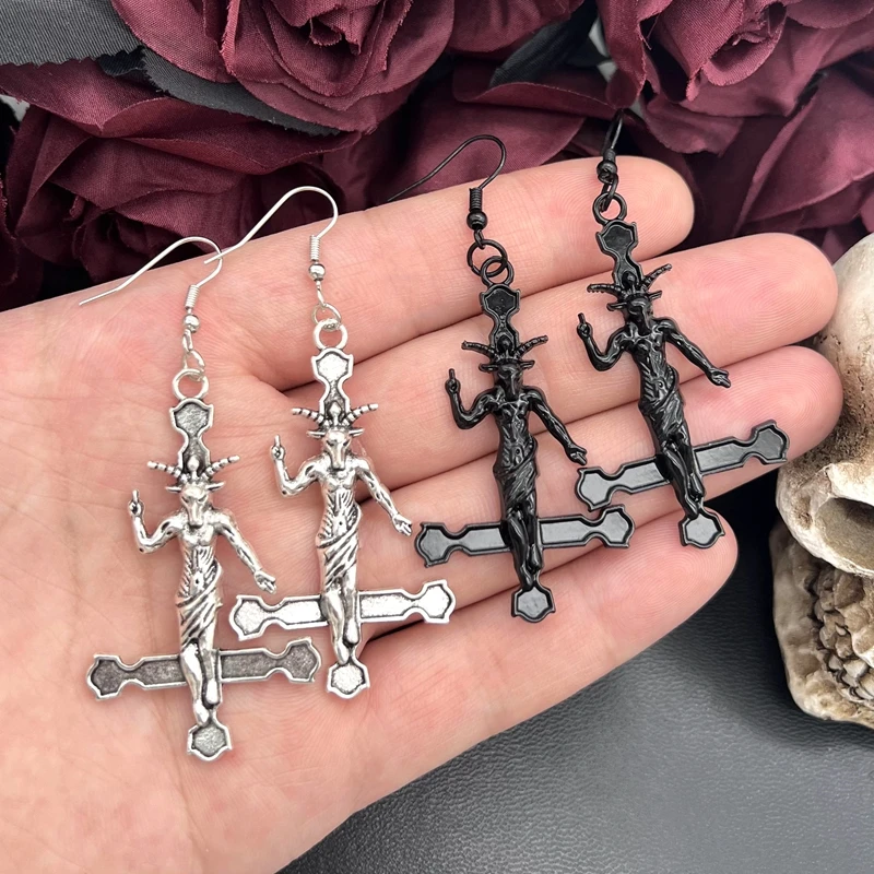 Goth Baphomet Inverted Cross Earrings,Satanic Upside Down Cross Earrings, Religion Dark Art,Fairy Gothic Lovers,Best Accessories