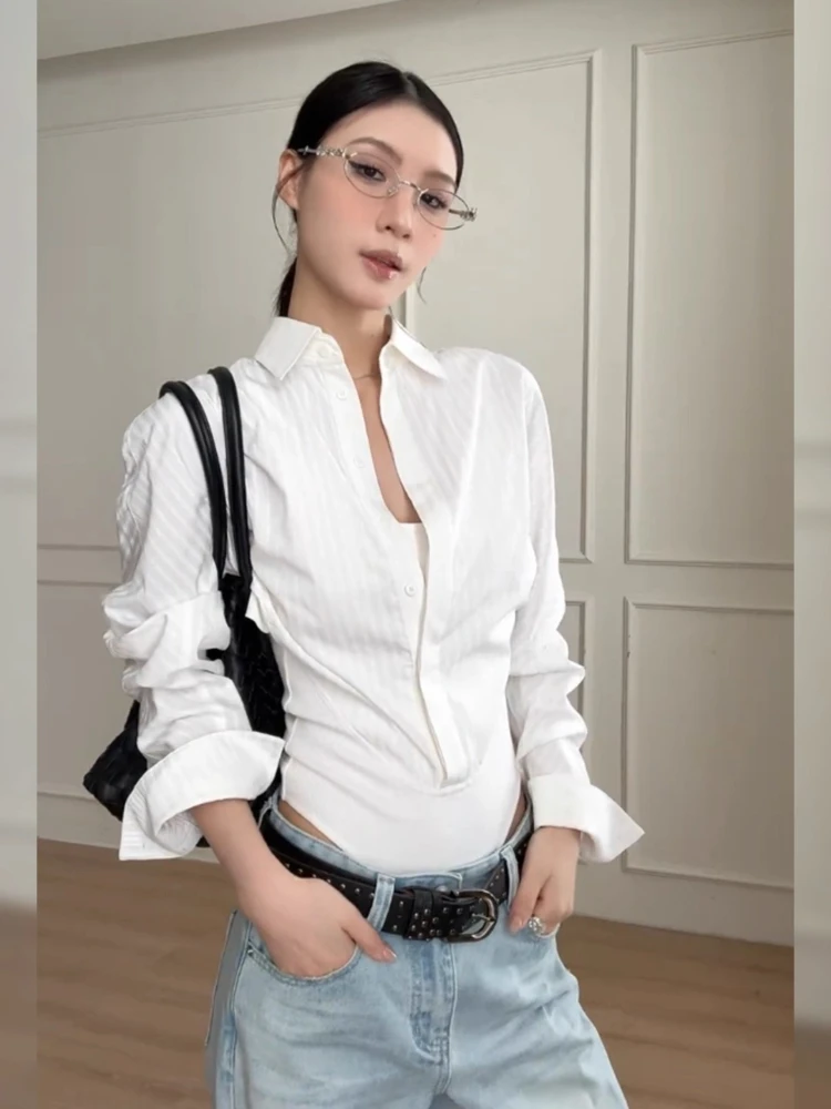 

Korean Elegant Jumpsuits Blouses Solid Color Turn Down Collar Long Sleeve Shirts 2025 Autumn New Design Slim Women's Clothing