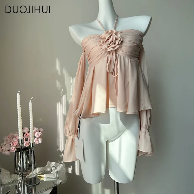 Duojihui เสื้อลำลองสตรีผ้าชีฟองสีขาว chicly สีทึบแบบเรียบง่ายสำหรับสาวออฟฟิศลำลองแฟชั่นใหม่