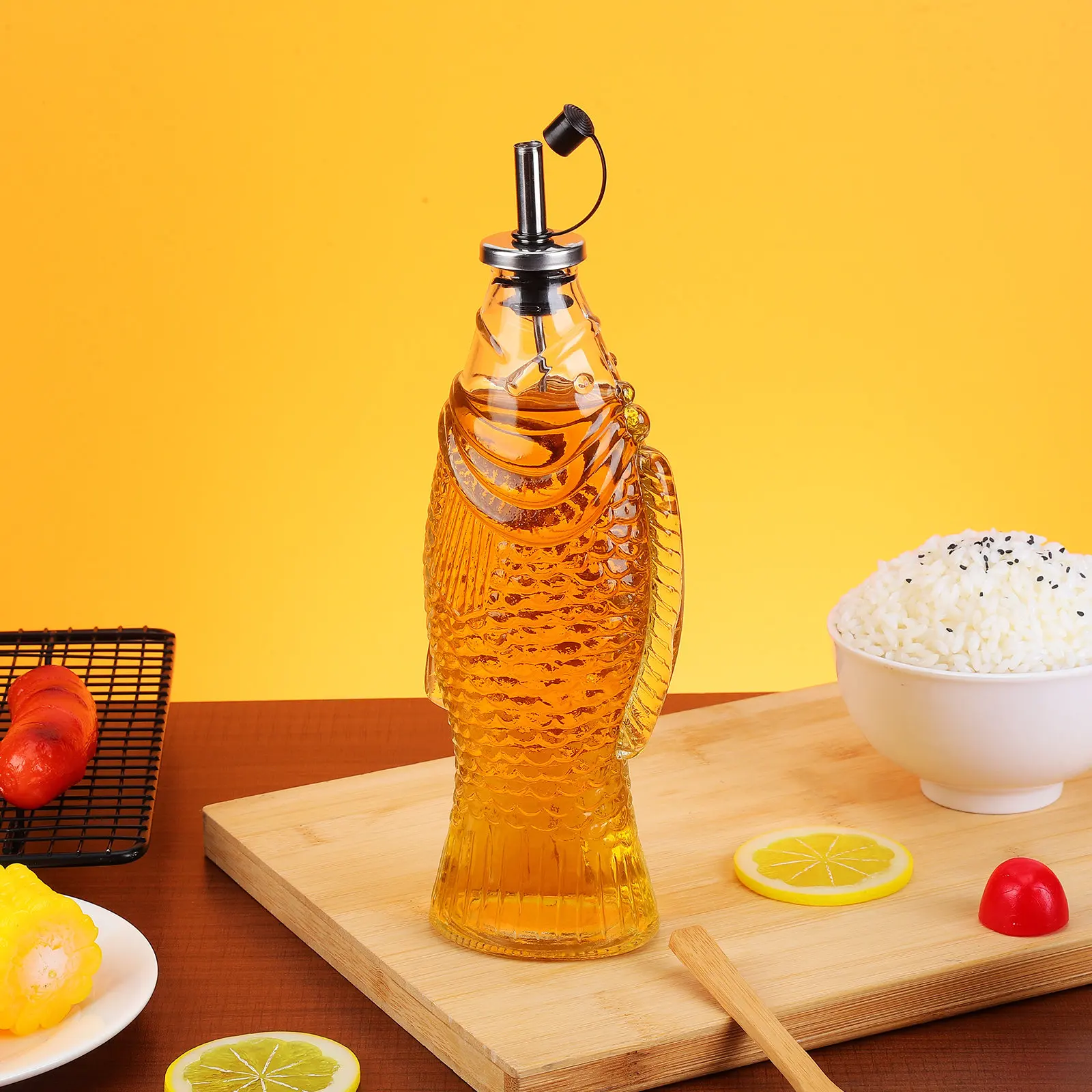 500Ml Fish Shape Transparent Glass Oil Dispenser Bottle Kitchen Seasoning Container Olive Oil Vinegar Dispenser Leakproof