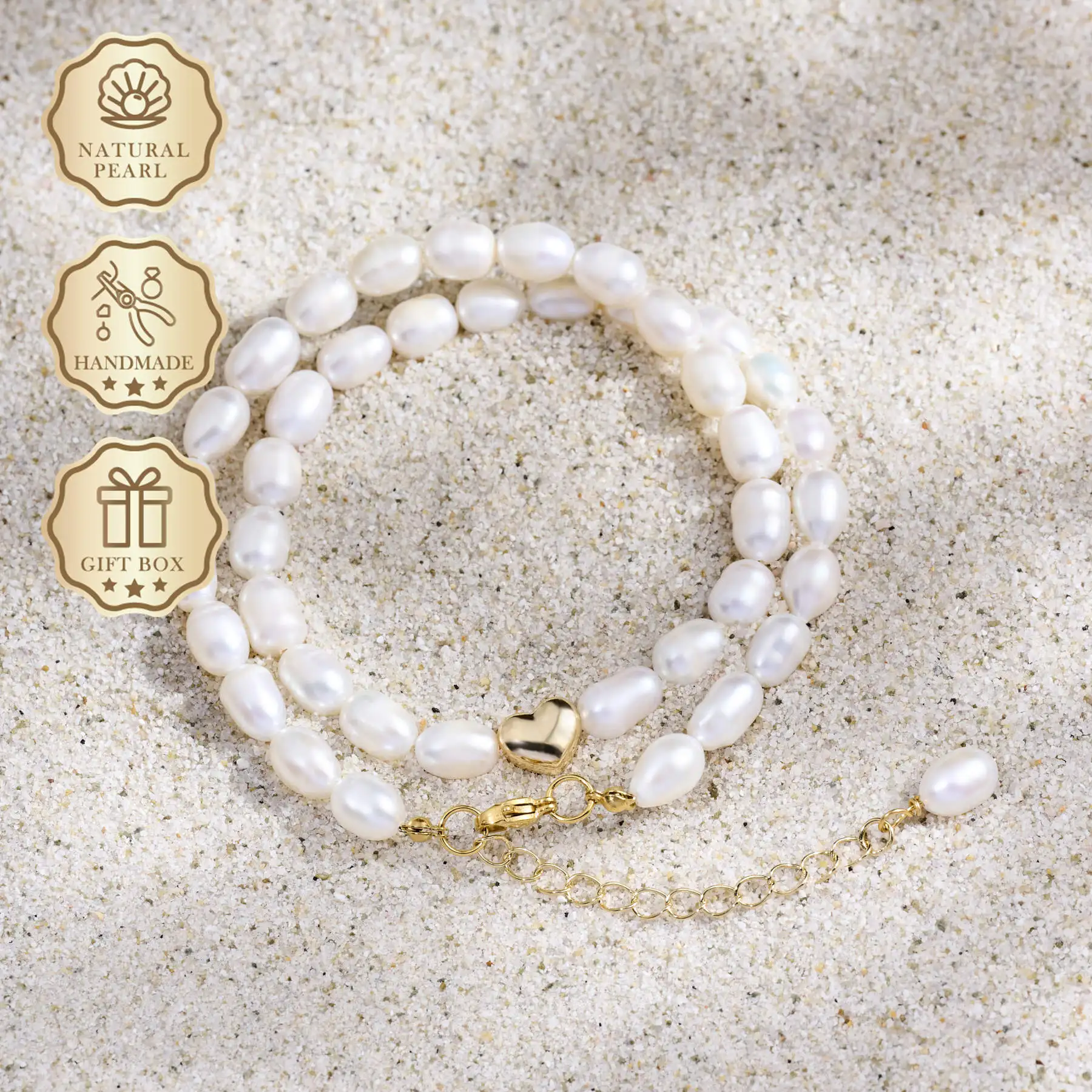 

MYSOYA White Rice Freshwater Pearl Necklace 6–7mm with Heart Clasp, Gift Box, Ideal Birthday & Anniversary Gift