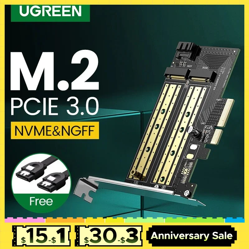 UGREEN PCIE to M2 Adapter NVMe M.2 PCI Express Adapter 32Gbps PCI-E Card x4/8/16 M&B Key SSD Computer Expansion Add On Cards