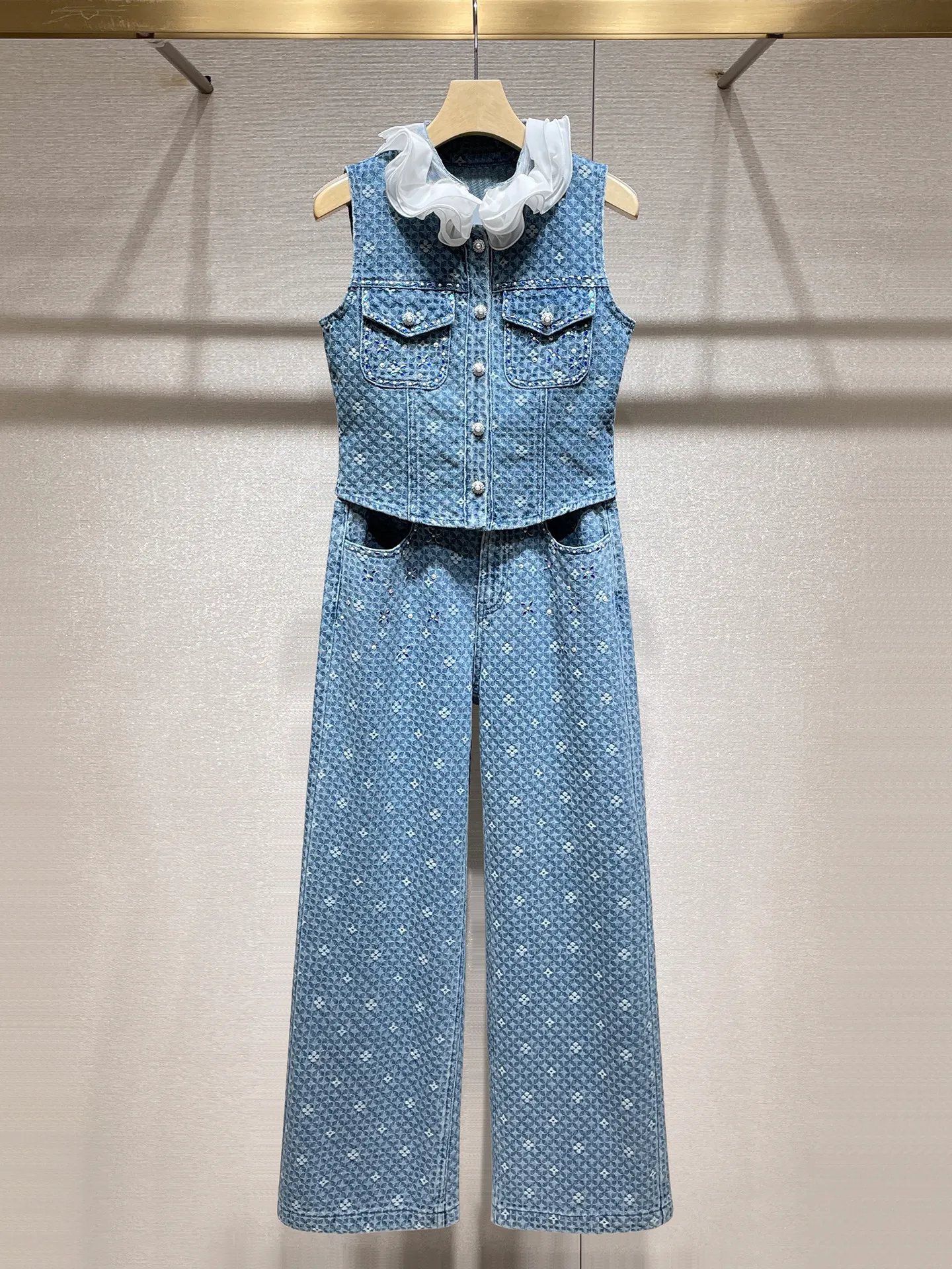 Summer sweet vibe lace collar vest jeans two-piece set