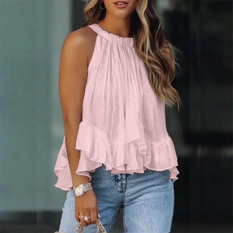 2023 eleganckie damskie bluzki bez rฤkawรณw w stylu Vintage solidne falbany lato Boho koszule plaลผowe luลบna seksowna koszula z dekoltem na szyi