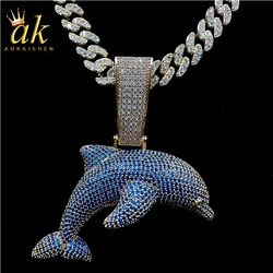 Aokaishen Iced Out Blue Dolphin Pendant Necklace Real Gold Plated Hip Hop Jewelry Unique Charms Trend