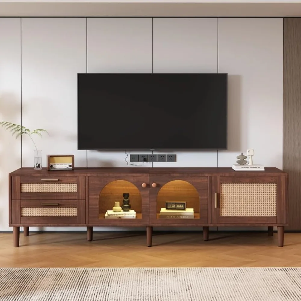 

Yipin 71'' LED TV Stand, Boho Entertainment Center with 3 Doors & 2 Drawers, Modern TV Console Table with Rattan Decor, Walnut M