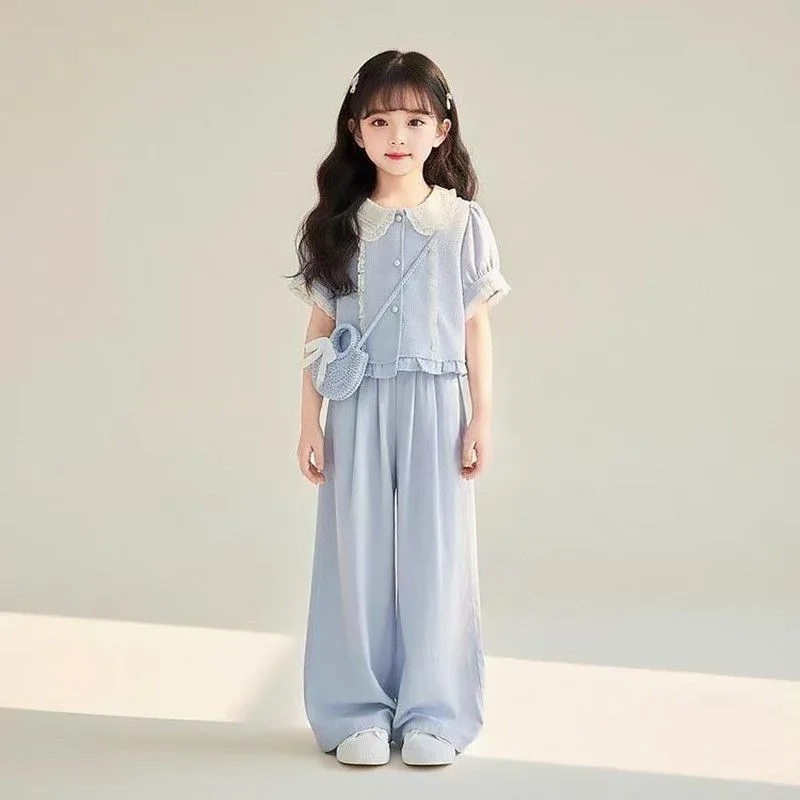 Girls' Summer Casual Set 2026 New Preppy Style Cute Short Sleeve T-shirt Wide Leg Pants Two Piece Set