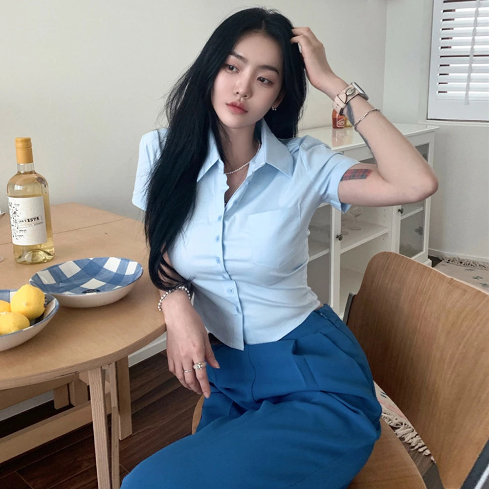 Tees Tops Blue Shirt 2024 New Summer Slim Blouse Shirts Women Turn Down Collar Short Sleeve Button Solid Cropped Tops Lady y2k