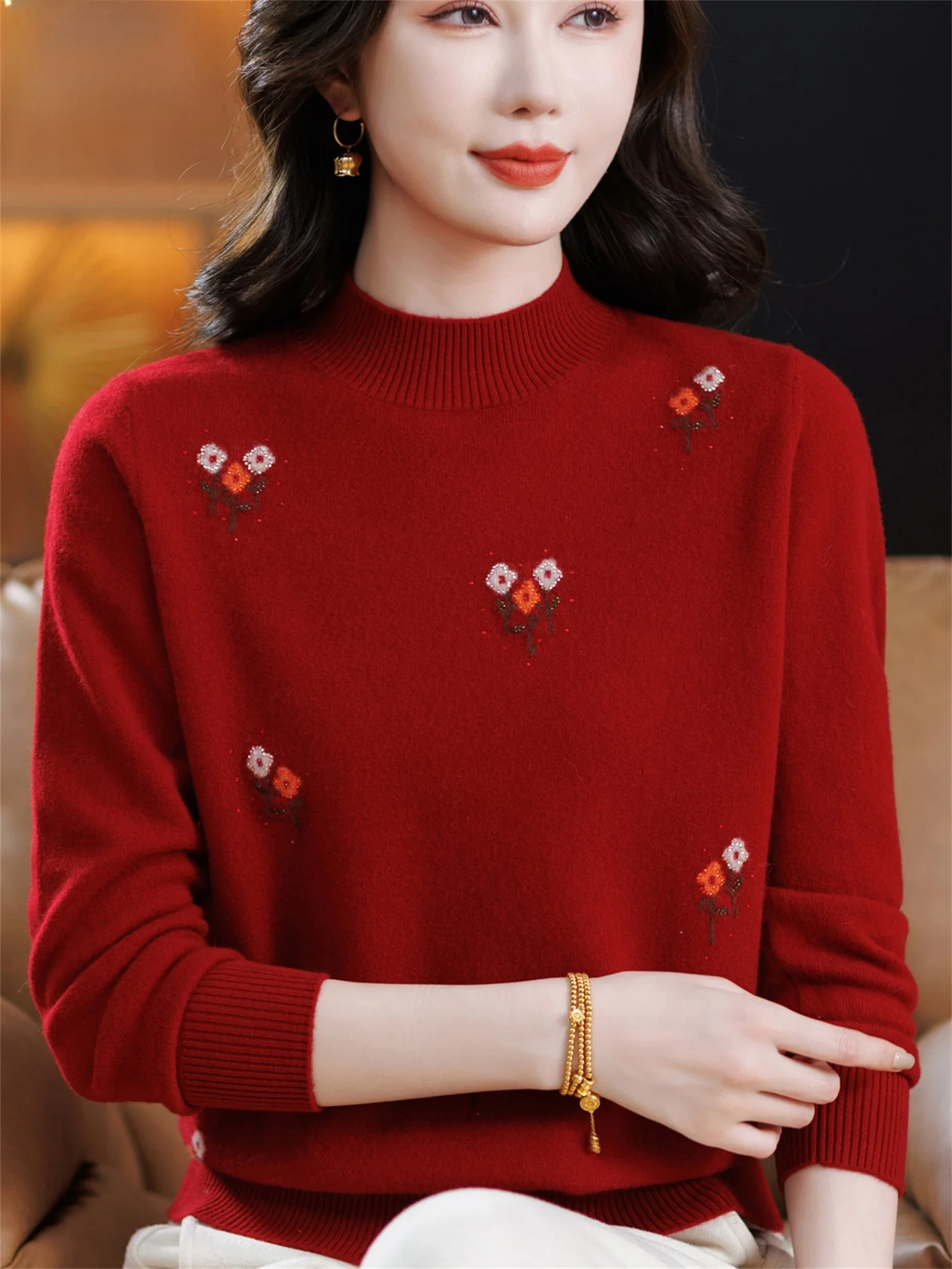 

Faionable Pure Color Embroidered Loose Fit f High Ne Base irt Теплый топ для женщин Осень Зима Новое поступление Одежда для мам