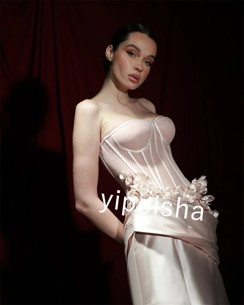 Customized Fashion Satin Flower Beading Ruched A-line Strapless Long Dresses Cocktail Dresses Elegant Exquisite High Quality Sex