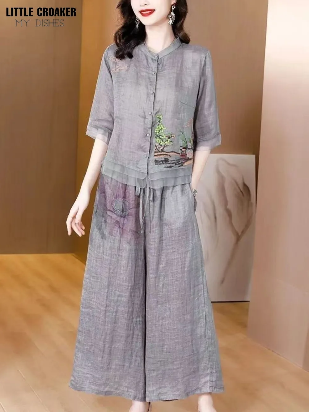 Oriental Vintage Chinese Clothes Set Women Ladies Cotton Linen Breathable Modern Summer Chinese Style Two Piece Top Pant Suit